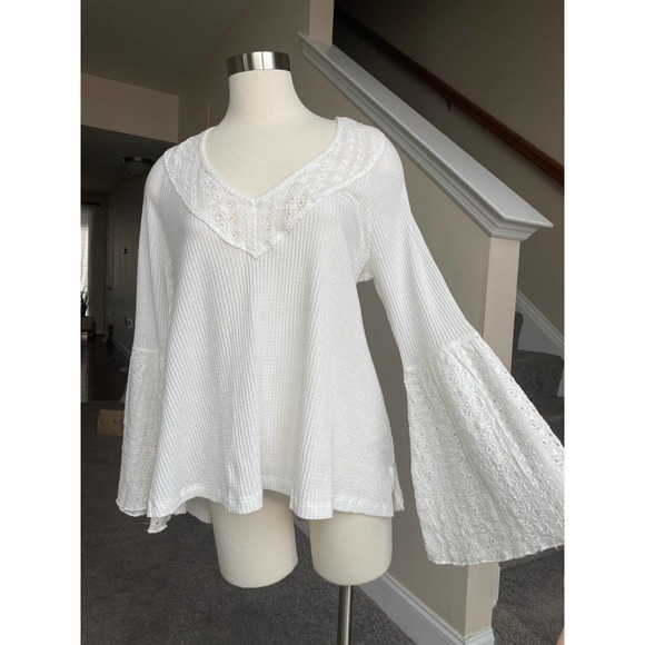 Free people cream tunic thermal top w/ eyelet neckline, bell sleeves, Small, NWT - Picture 9 of 11